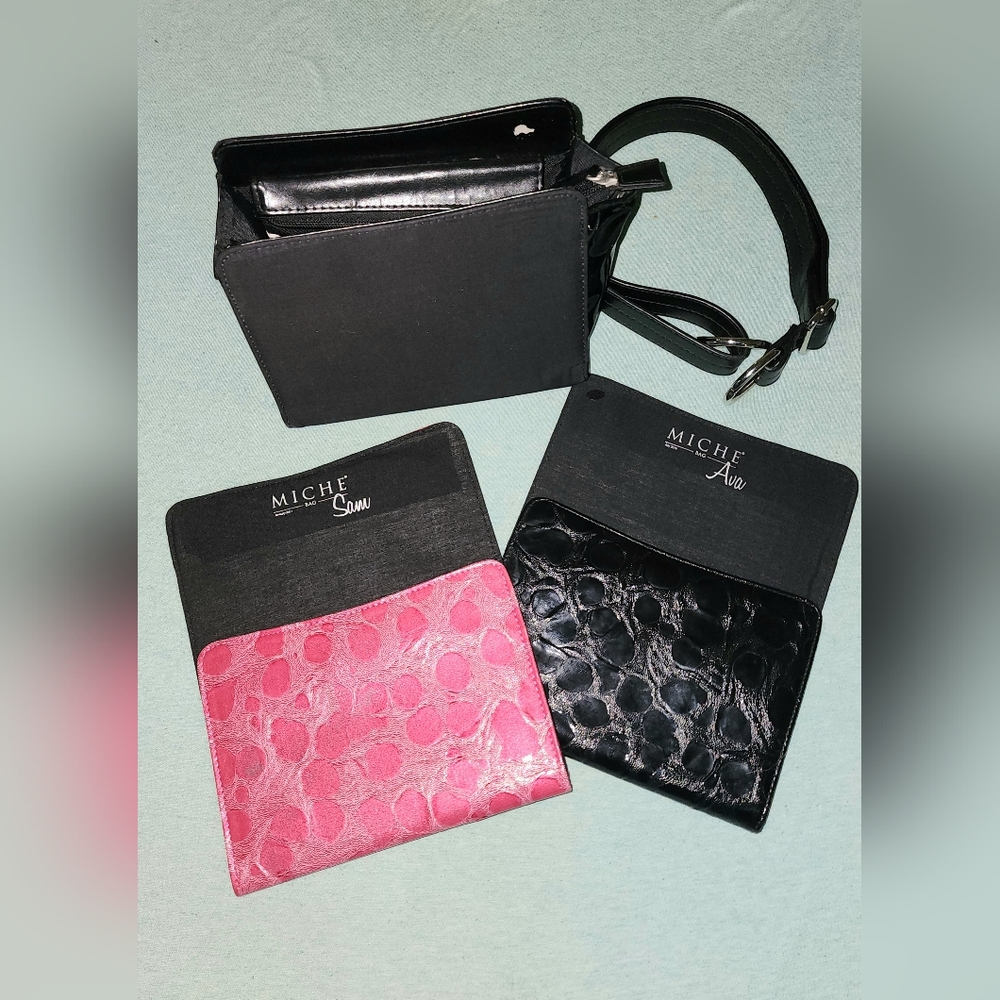Miche brand purse petite base with 2 covers Ava Sam pink black faux leather